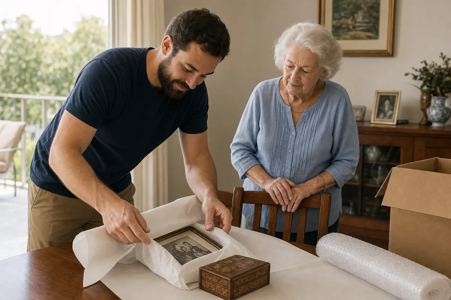 Perth removalist gently wrapping a treasured framed family photo while an elderly woman looks on in a Como home