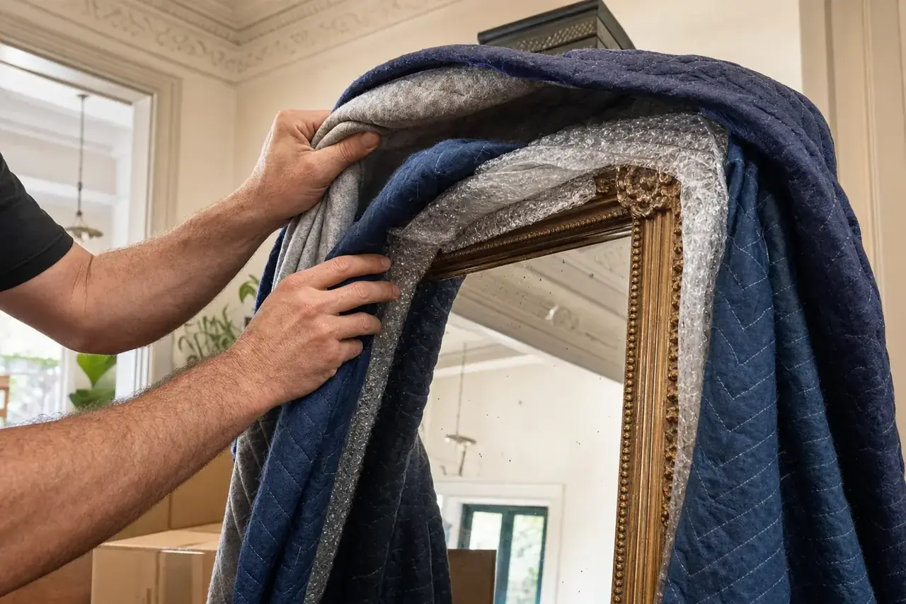 Perth removalist wrapping a tall antique gilt-framed mirror in moving blankets inside a character home