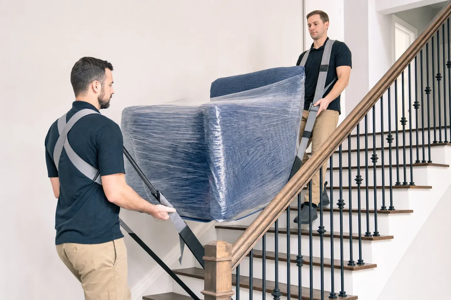 Two removalists carefully carrying a wrapped lounge up a staircase using proper lifting technique