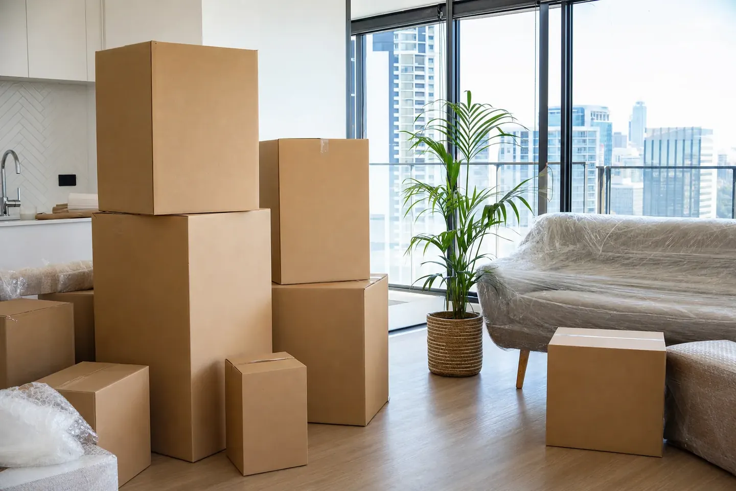 Labelled moving boxes stacked in a bright Perth living room ready for moving day