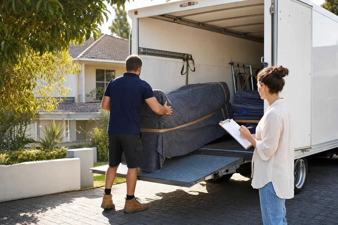A Perth removalist loading blanket-wrapped furniture into a truck while a customer reviews a written quote