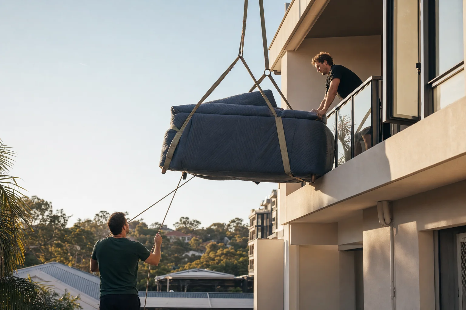 Perth removalists hoisting a large wrapped sofa up to a second-floor apartment balcony with lifting straps