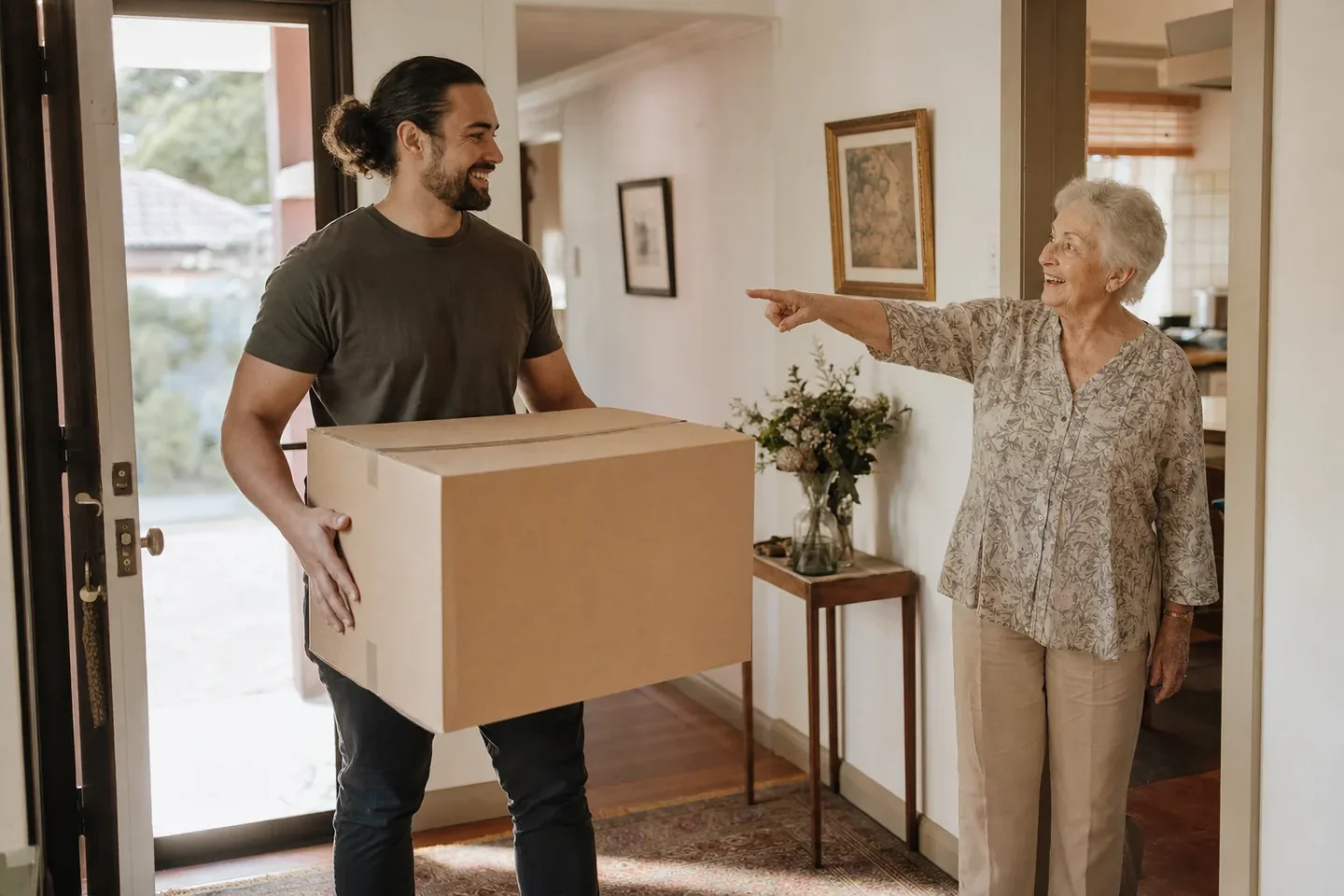 Friendly Perth removalist carrying a moving box while an elderly woman points out where it goes in a tidy Mount Pleasant home