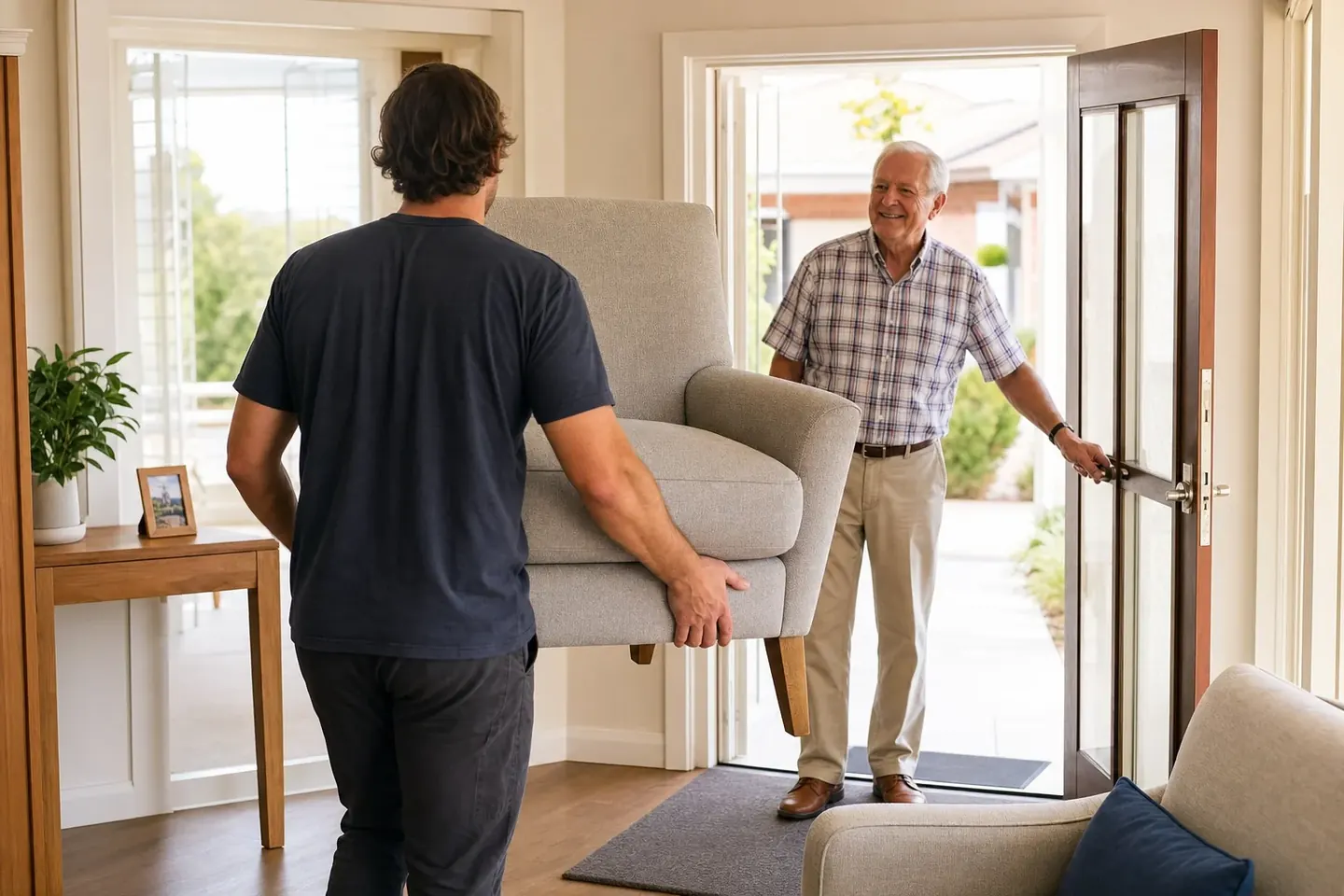 Perth removalist carrying an armchair into a bright retirement village unit while an older man holds the door open