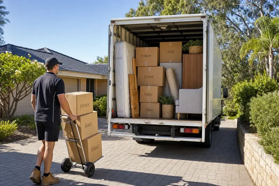 Moving truck loaded with furniture and boxes in a Perth driveway