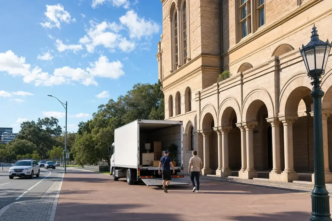 A Perth furniture removals truck parked outside a heritage sandstone building in the city