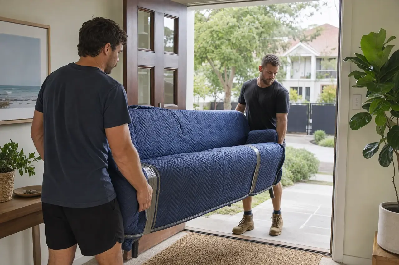 Perth removalist carrying a wrapped sofa through a doorway inside a home