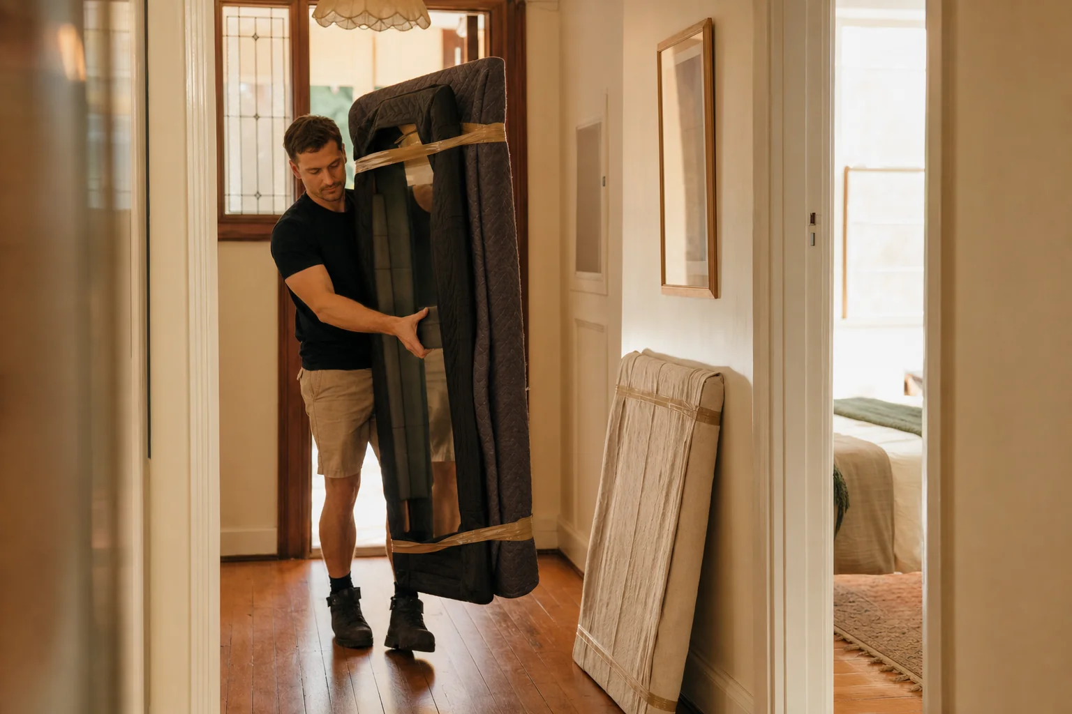 Perth removalist carrying a large blanket-wrapped framed mirror upright through a character home