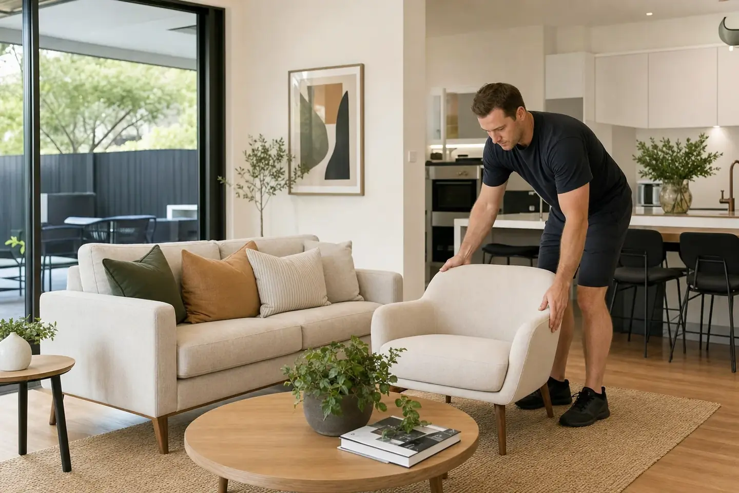 Perth removalist positioning a lounge and armchair in a freshly renovated Claremont living room for home staging