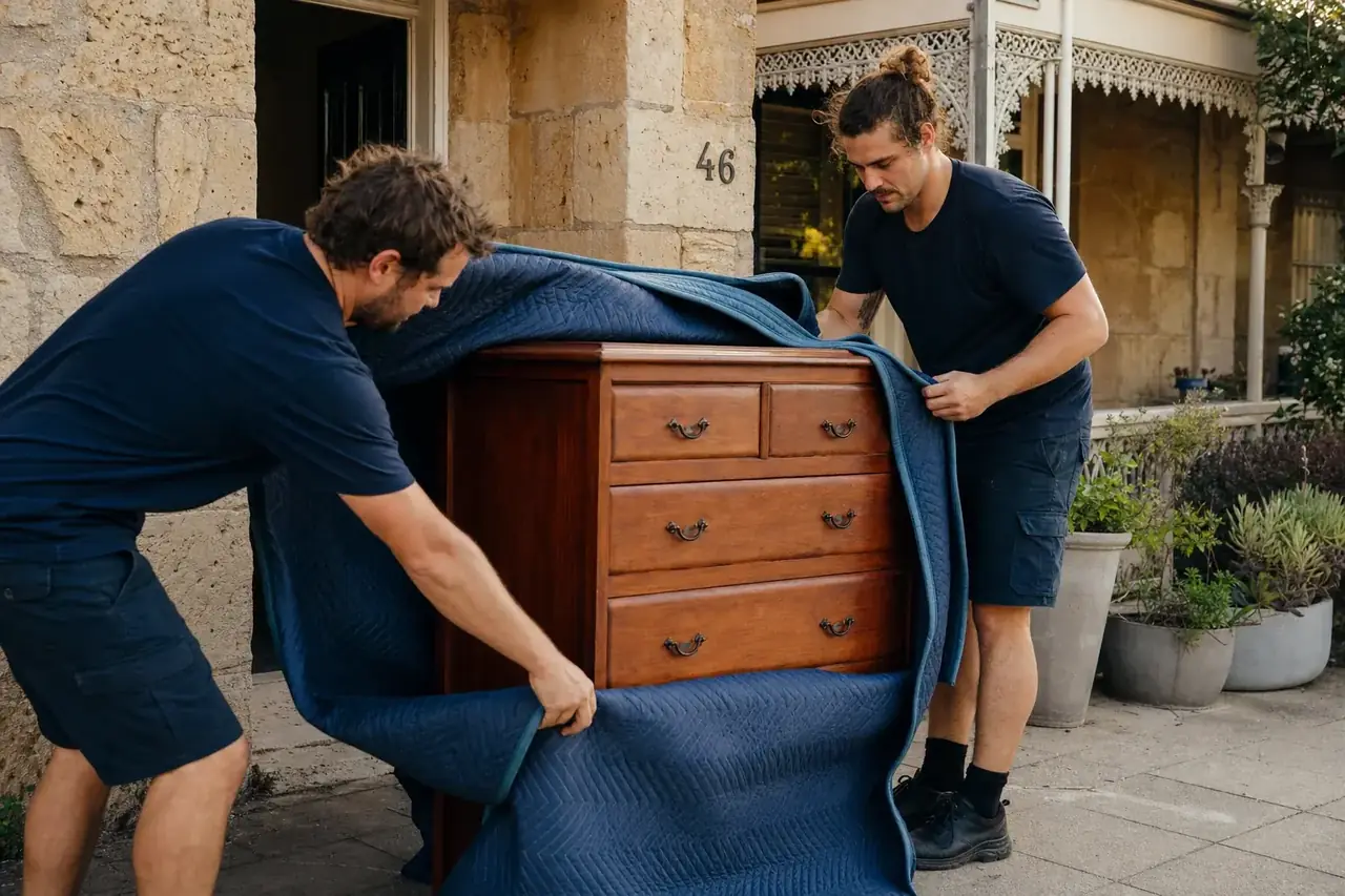 Two Perth removalists wrapping a wooden chest of drawers in moving blankets outside a Fremantle limestone cottage