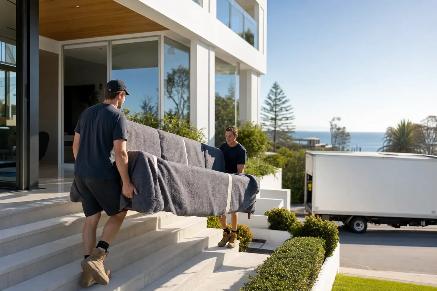 Two Perth removalists carrying a wrapped sofa down the steps of a home