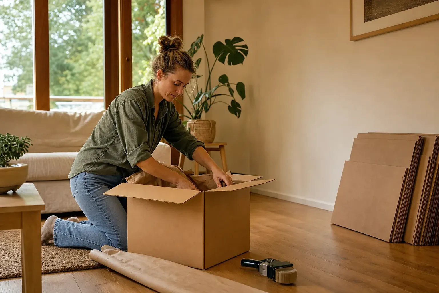 A person kneeling on a living room floor packing a cardboard moving carton with a stack of flat-packed boxes beside them