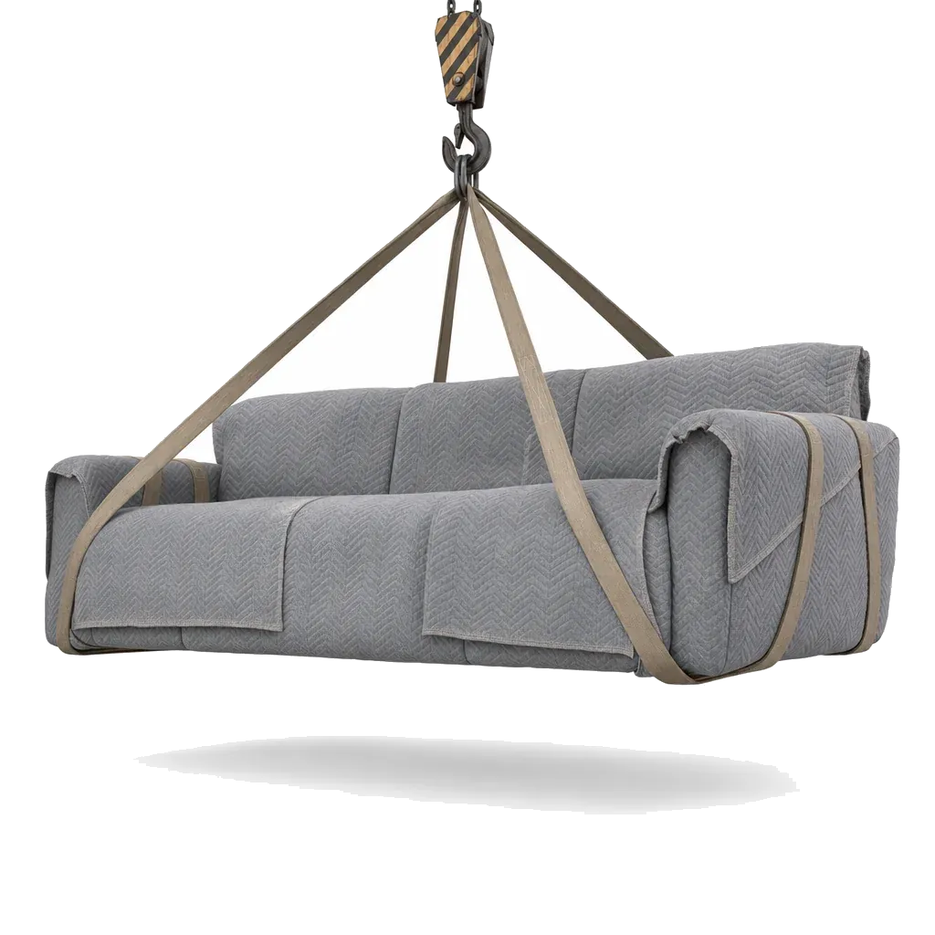Illustration of a crane lifting a wrapped armchair