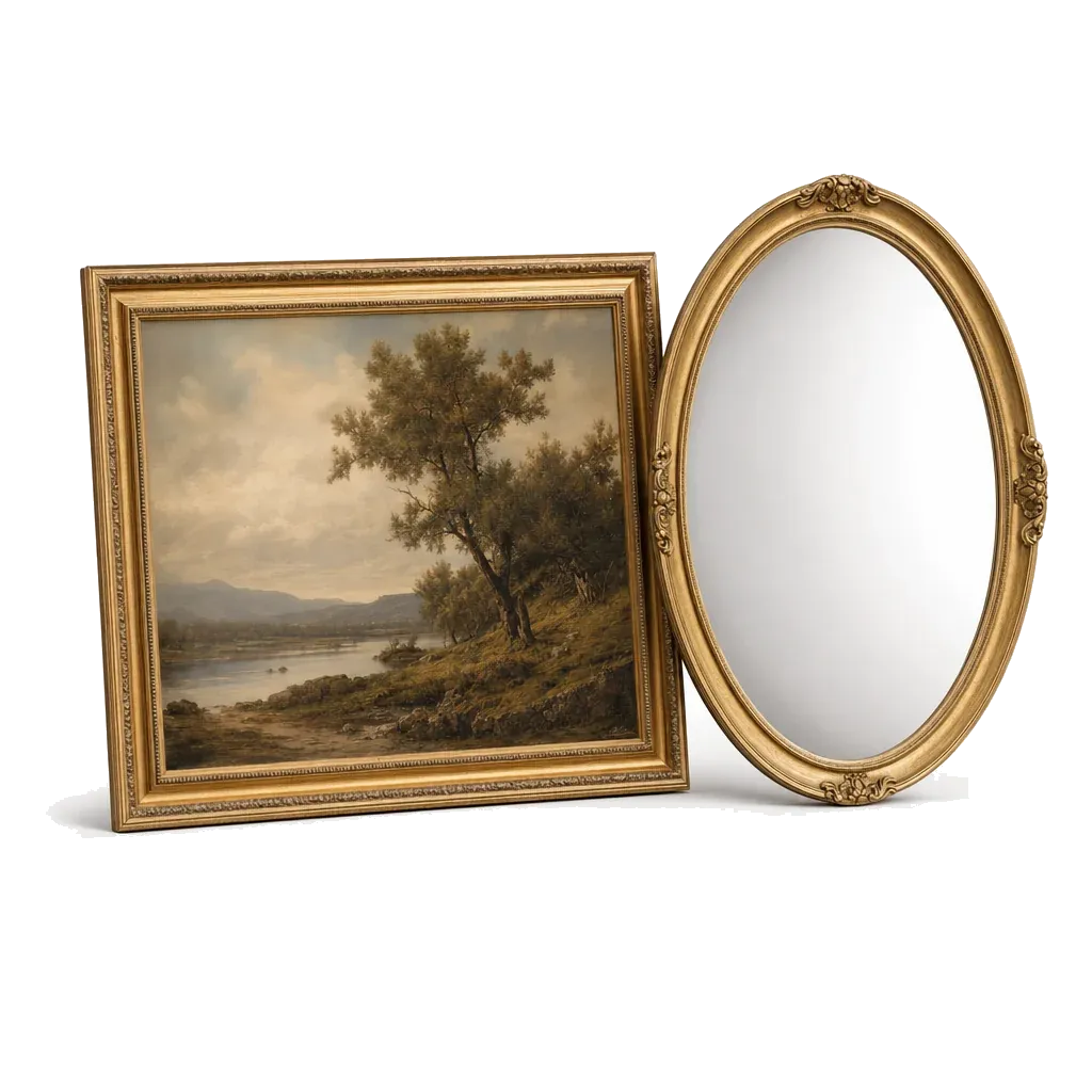 Illustration of a framed painting and a mirror