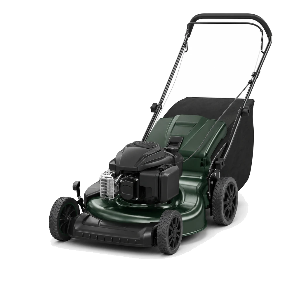 Illustration of a petrol push lawnmower
