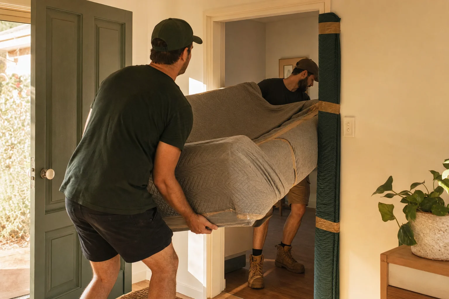 Two Perth removalists angling a large wrapped sofa through a narrow doorway