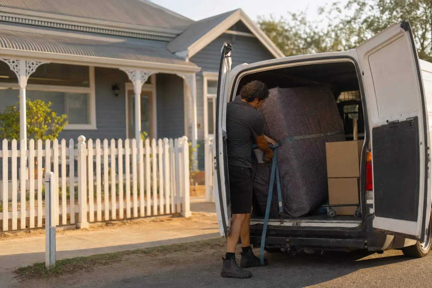 Perth man with a van strapping a wrapped mattress inside a white van outside a weatherboard cottage in Bayswater
