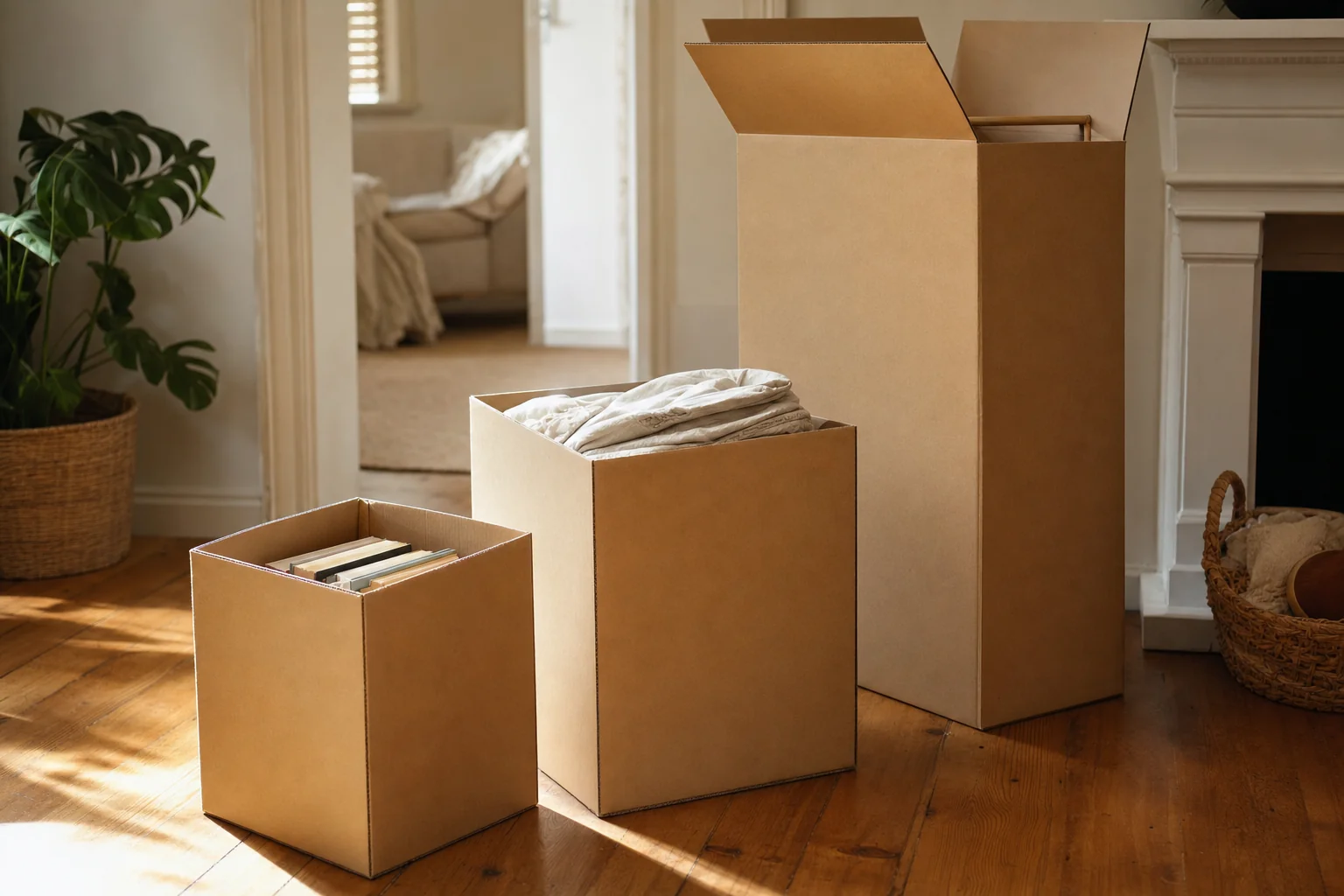 Small, medium and tall moving cartons side by side on a timber floor, one open and part packed with books