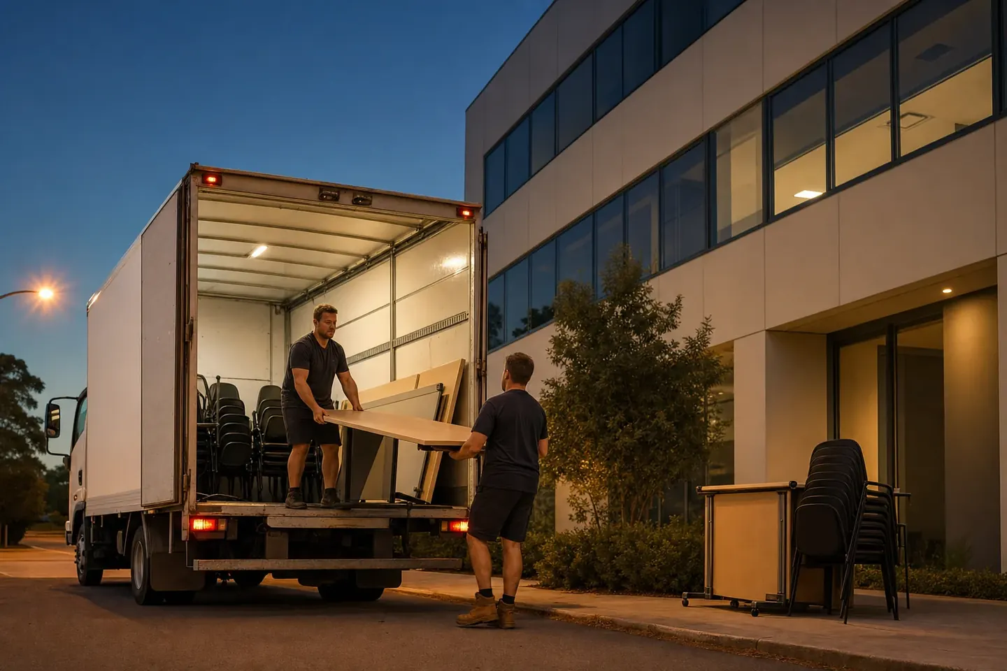 Perth removalists loading office desks and chairs into a white truck outside a commercial building at dusk