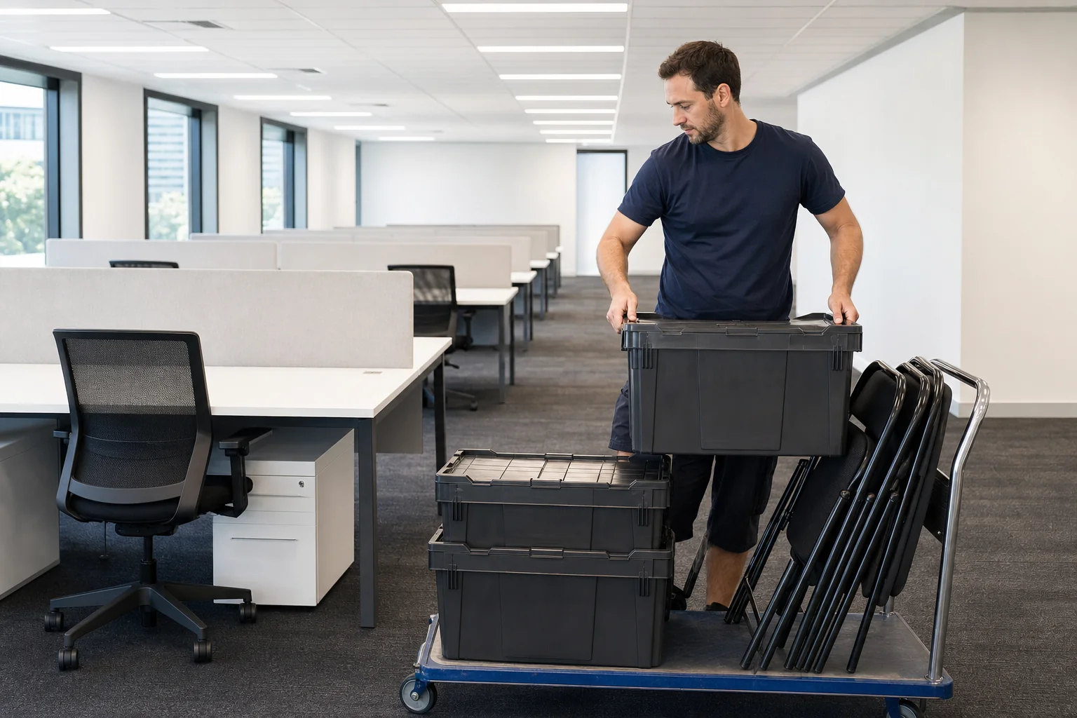 Perth office removalist loading moving crates and folded office chairs onto a trolley in a modern open-plan office