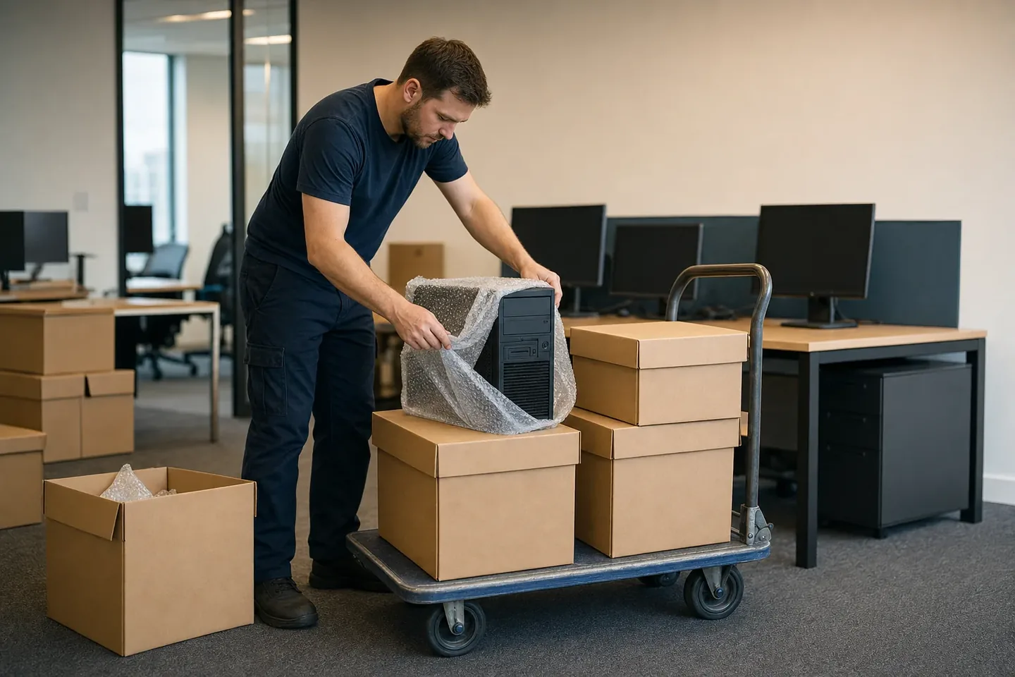 Perth removalist wrapping a desktop computer and stacking archive boxes on a trolley in a modern office