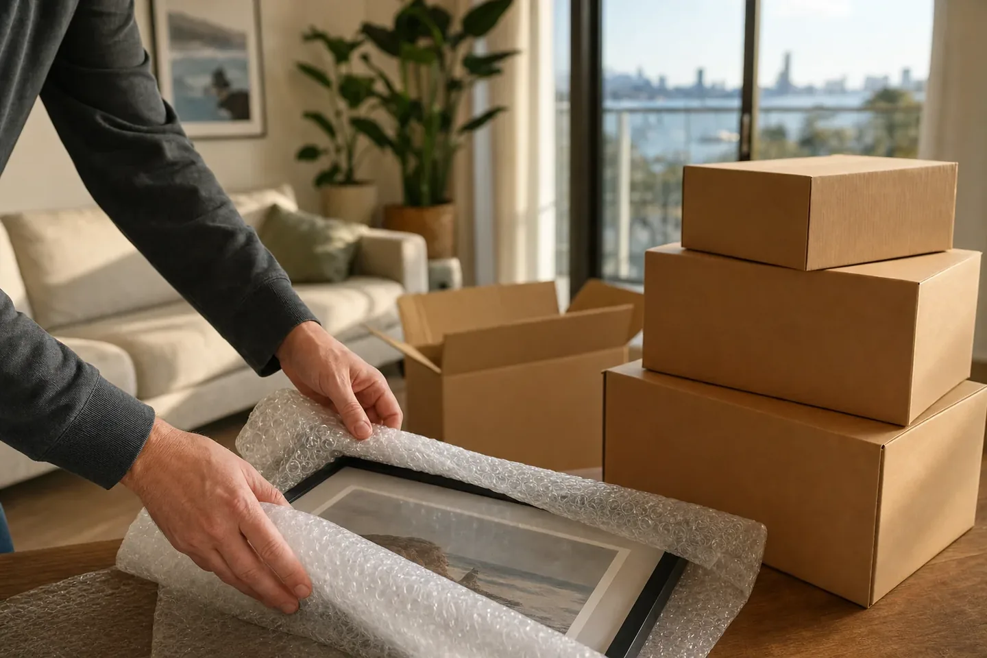 Perth removalist carefully wrapping a fragile item in protective blankets before a move