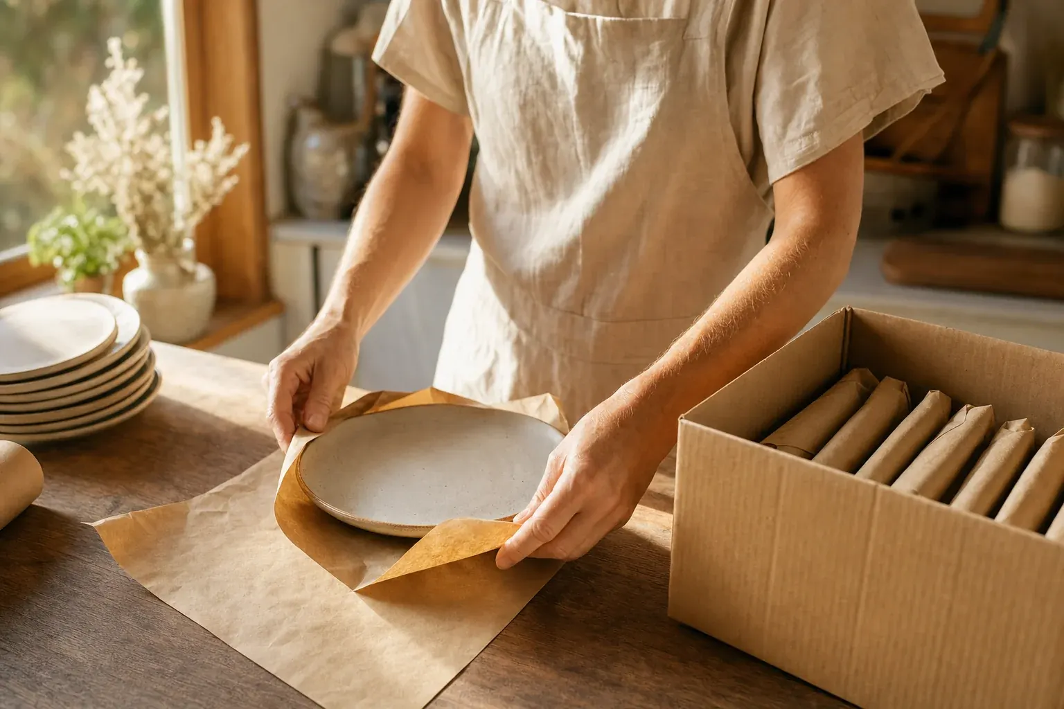 Hands wrapping a dinner plate in butcher's paper at a kitchen bench beside an open carton of wrapped plates