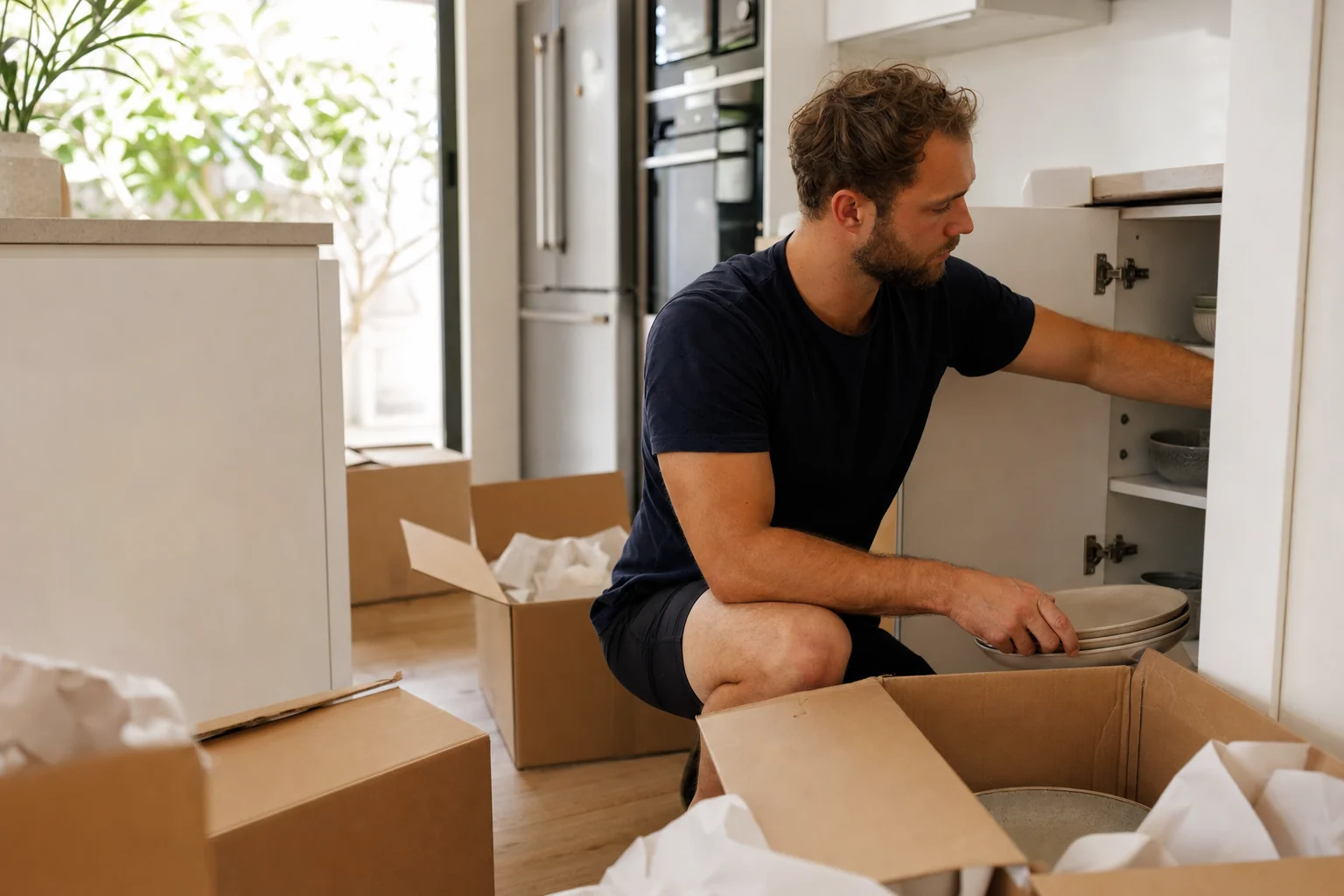 Perth removalist unpacking and placing crockery into kitchen cabinets in a bright home