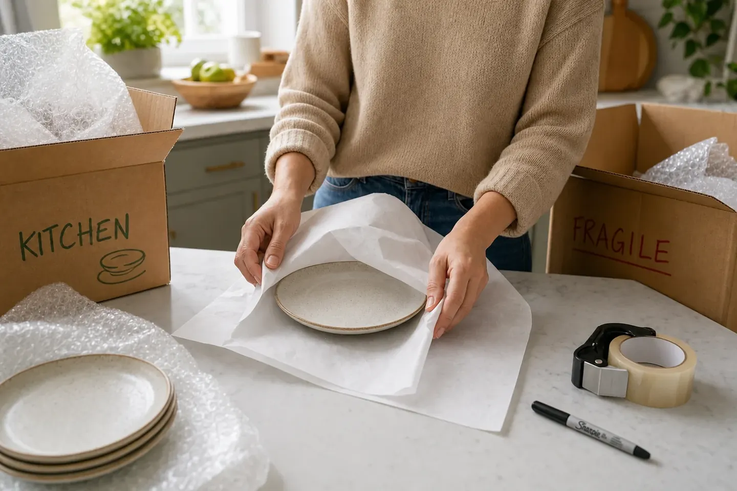 Hands wrapping crockery in packing paper surrounded by moving boxes