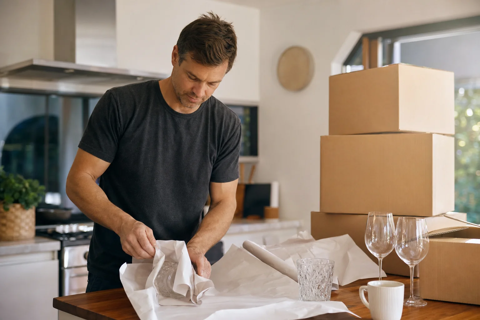 Perth removalist wrapping kitchen glassware in packing paper at a bench with moving boxes alongside