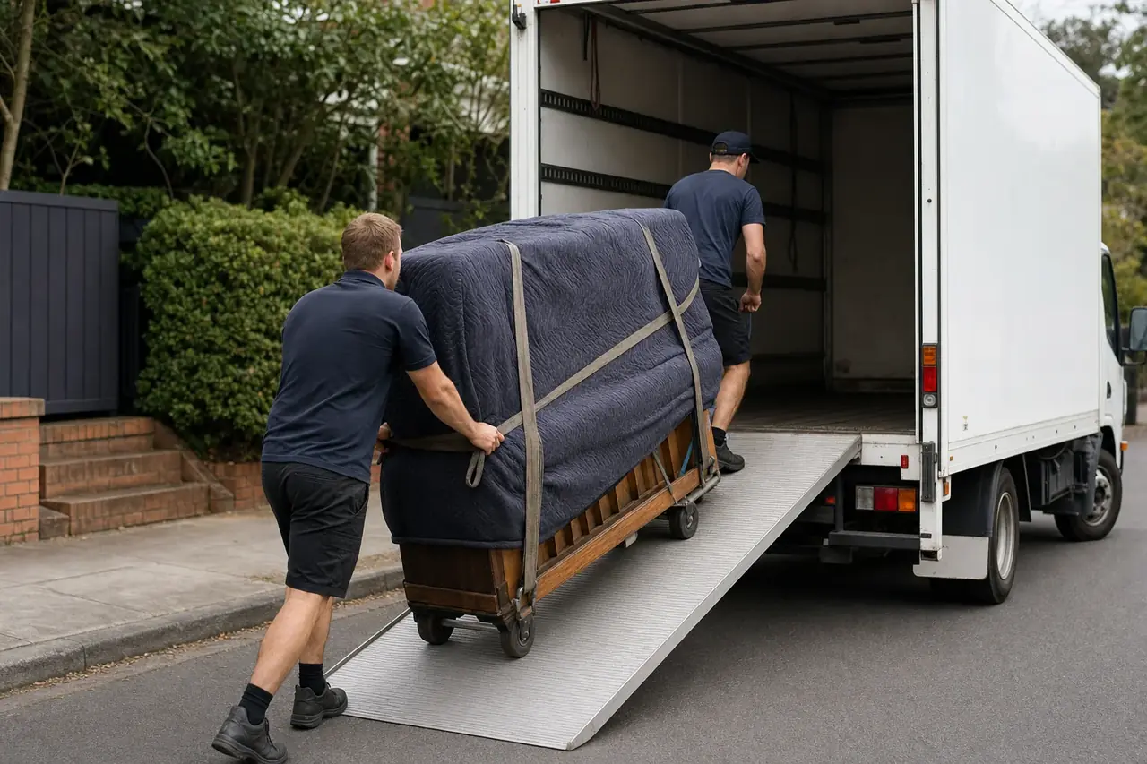 Two Perth removalists wheeling a blanket-wrapped upright piano up a ramp into a white truck, secured with straps