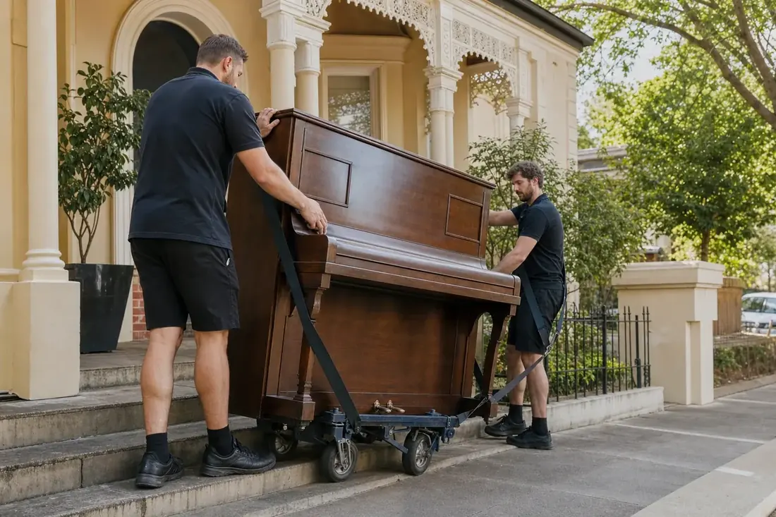 Perth removalists moving an upright piano on a trolley down a hallway