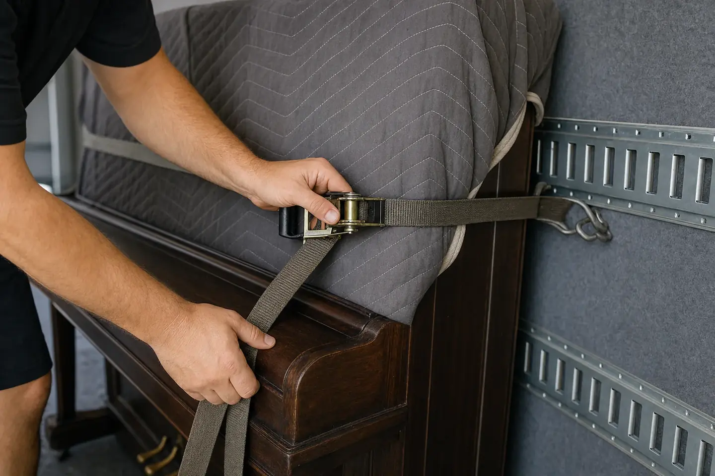 Perth removalist securing a blanket-wrapped upright piano against the padded truck wall with ratchet straps