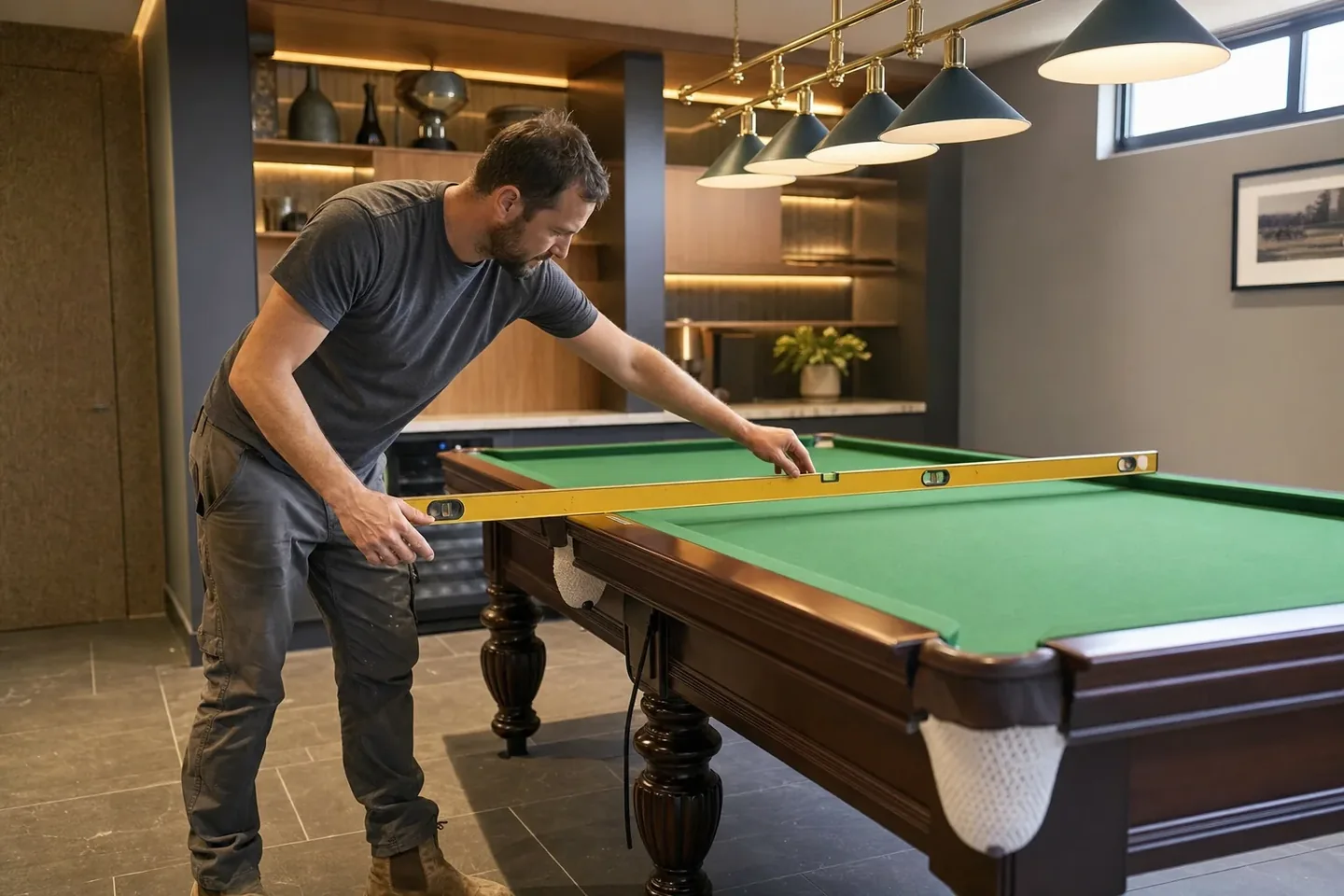 Perth removalist using a long spirit level to re-level a reassembled slate pool table in a Karrinyup games room