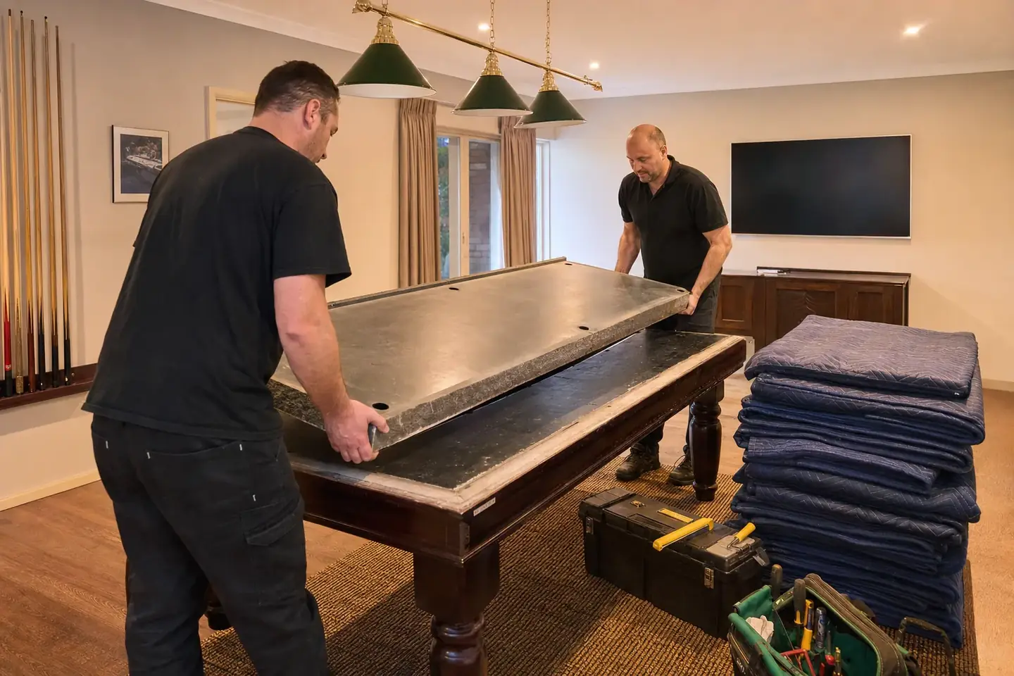Removalists carefully moving a heavy slate pool table