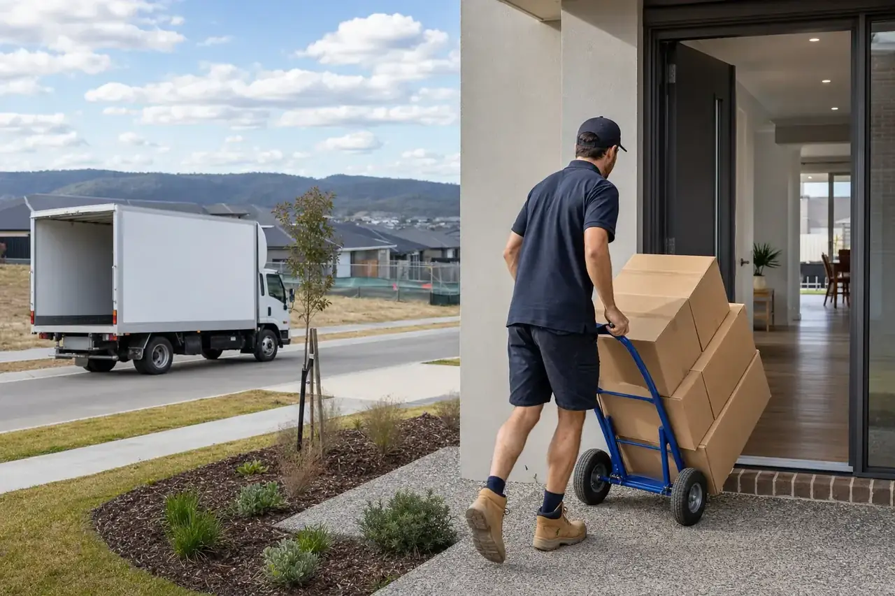 Perth removalist wheeling a trolley of plain moving boxes into a new render-and-brick family home in a growing Armadale estate with a low hills horizon