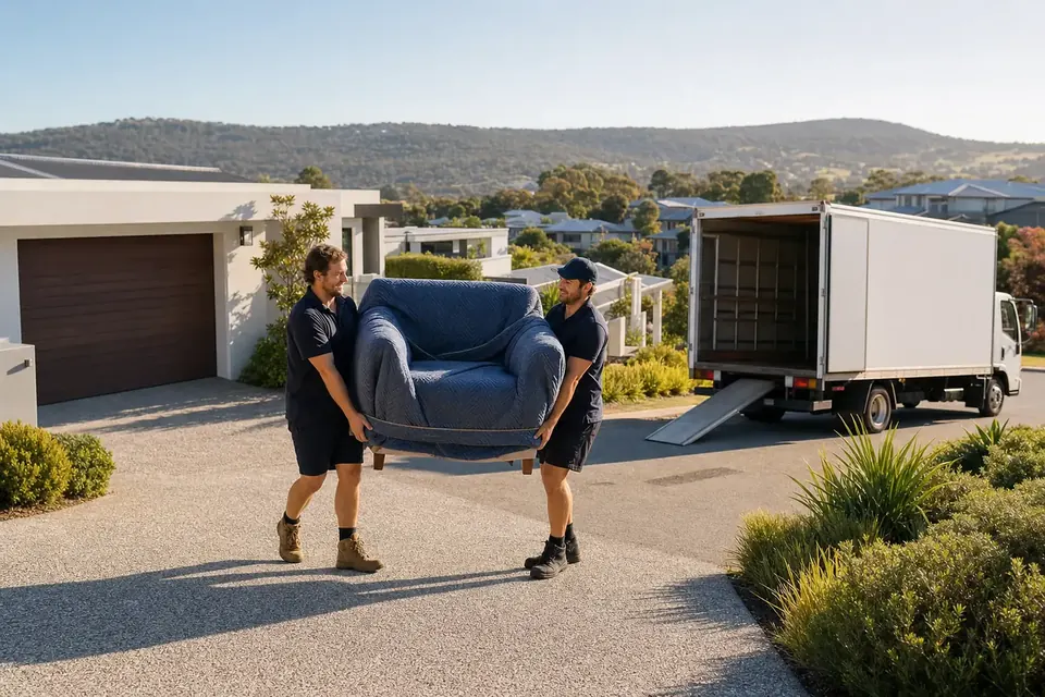 Two Perth removalists carrying a wrapped armchair down the driveway of a modern family home with a hills backdrop in Armadale, plain removals truck at the kerb