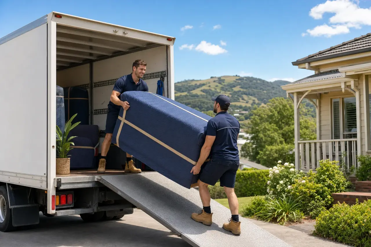 Two Perth removalists loading wrapped furniture into a plain truck outside a family home with a gentle hills backdrop in Armadale on a bright day