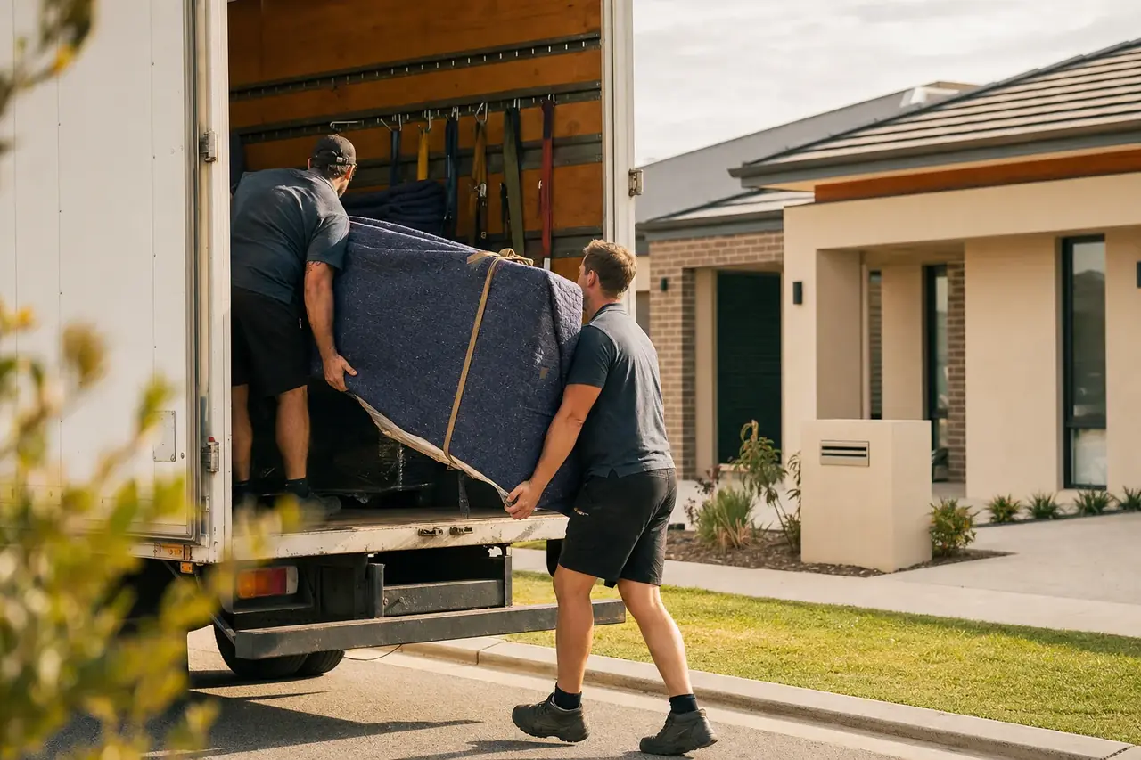 Two Perth removalists loading wrapped furniture into a truck outside a new render-and-brick home on a wide Baldivis estate street