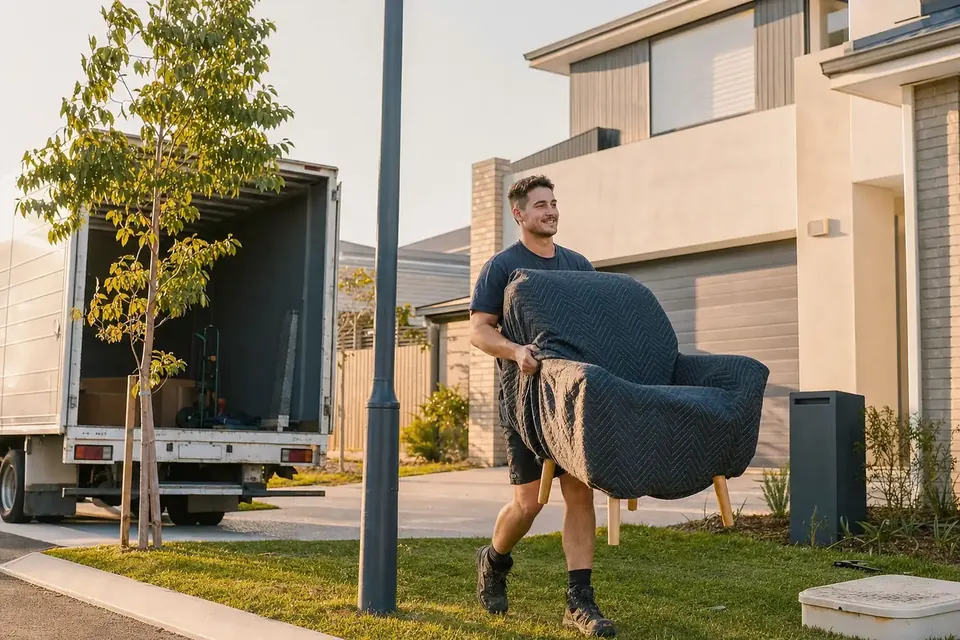 Perth removalist carrying a wrapped armchair down the driveway of a brand-new double-storey home in a Baldivis estate with the removals truck at the kerb