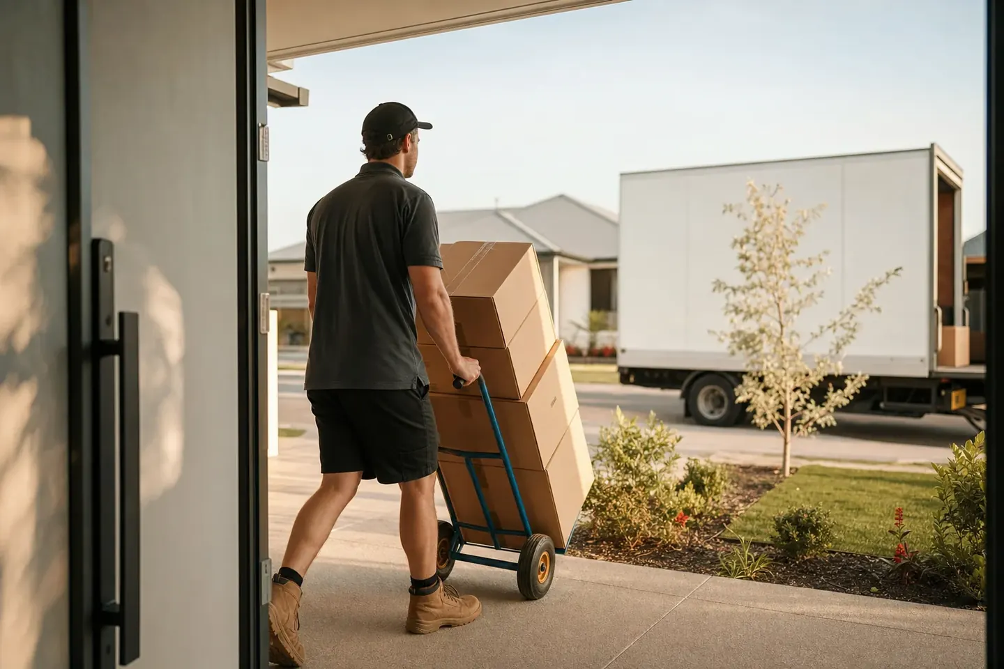 Perth removalist wheeling a trolley of plain moving boxes into a brand-new single-storey family home in a Baldivis estate