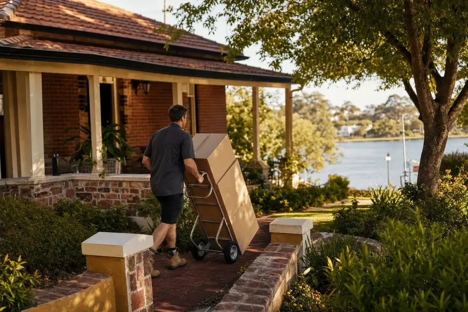 Perth removalist wheeling plain boxes up the front path of a brick-and-tile character home with a verandah in riverside Bayswater