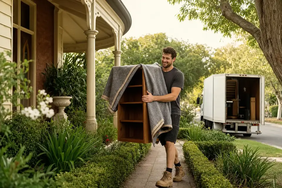 Perth removalist carrying a wrapped bookshelf down the path of a restored Federation character home on a leafy Bayswater street near the river