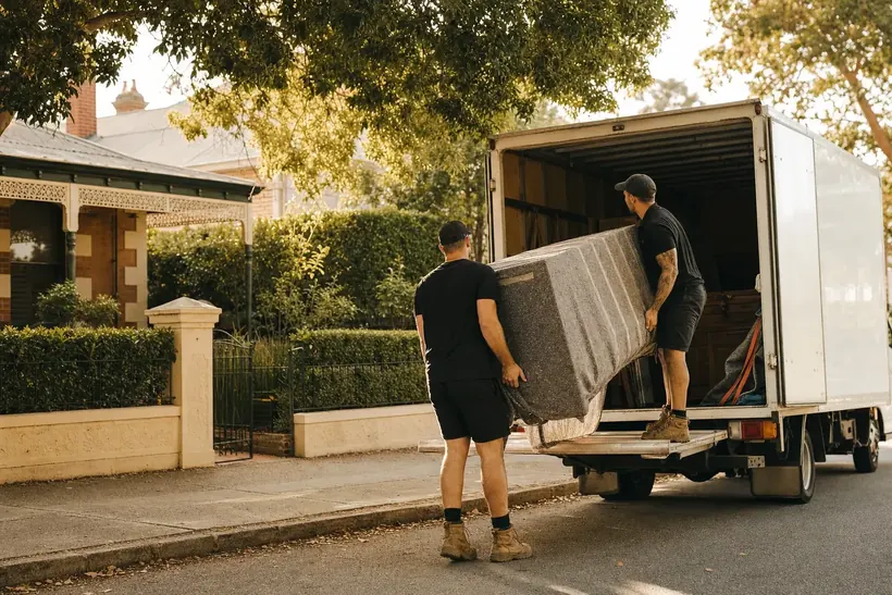 Two Perth removalists loading wrapped furniture into a truck outside a Federation character home on a quiet leafy Bayswater street