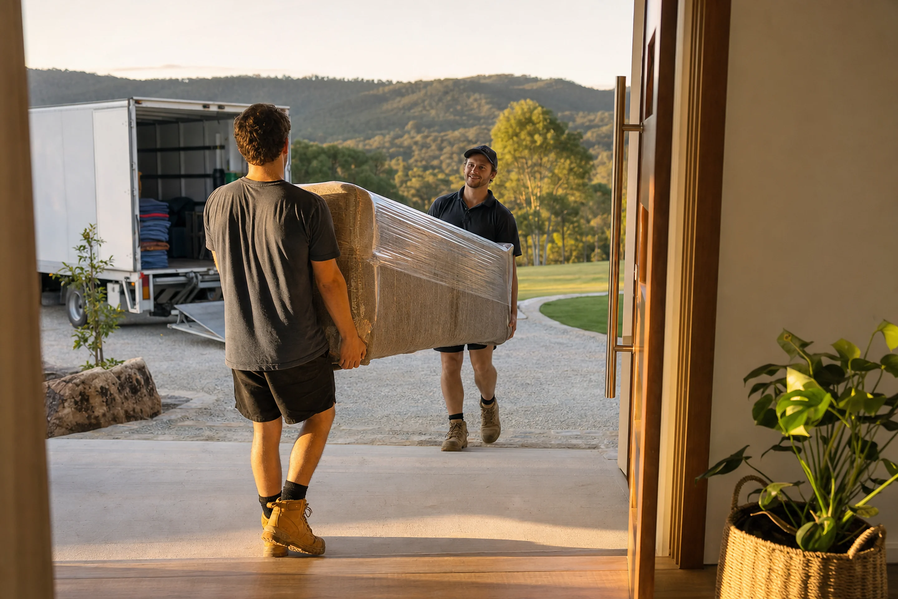 Perth removalists carrying wrapped furniture into a new home on a large block in a Byford estate with green foothills in the distance