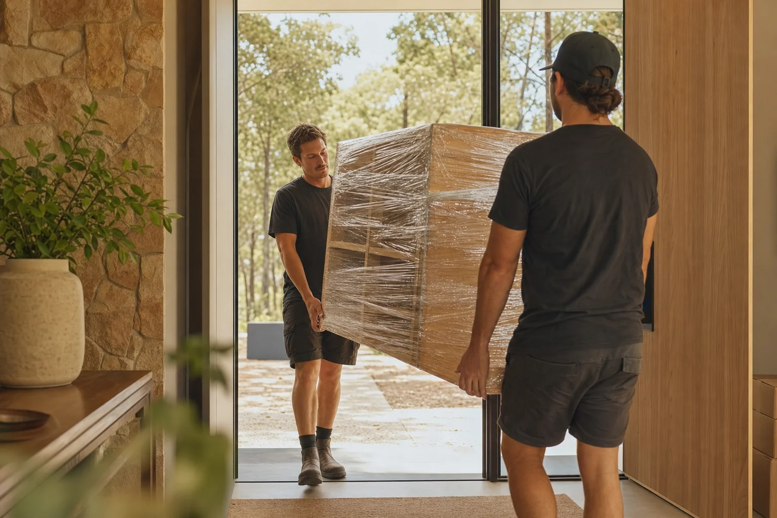 Two Perth removalists carrying a wrapped bookshelf through the doorway of a new family home on a large block in Byford