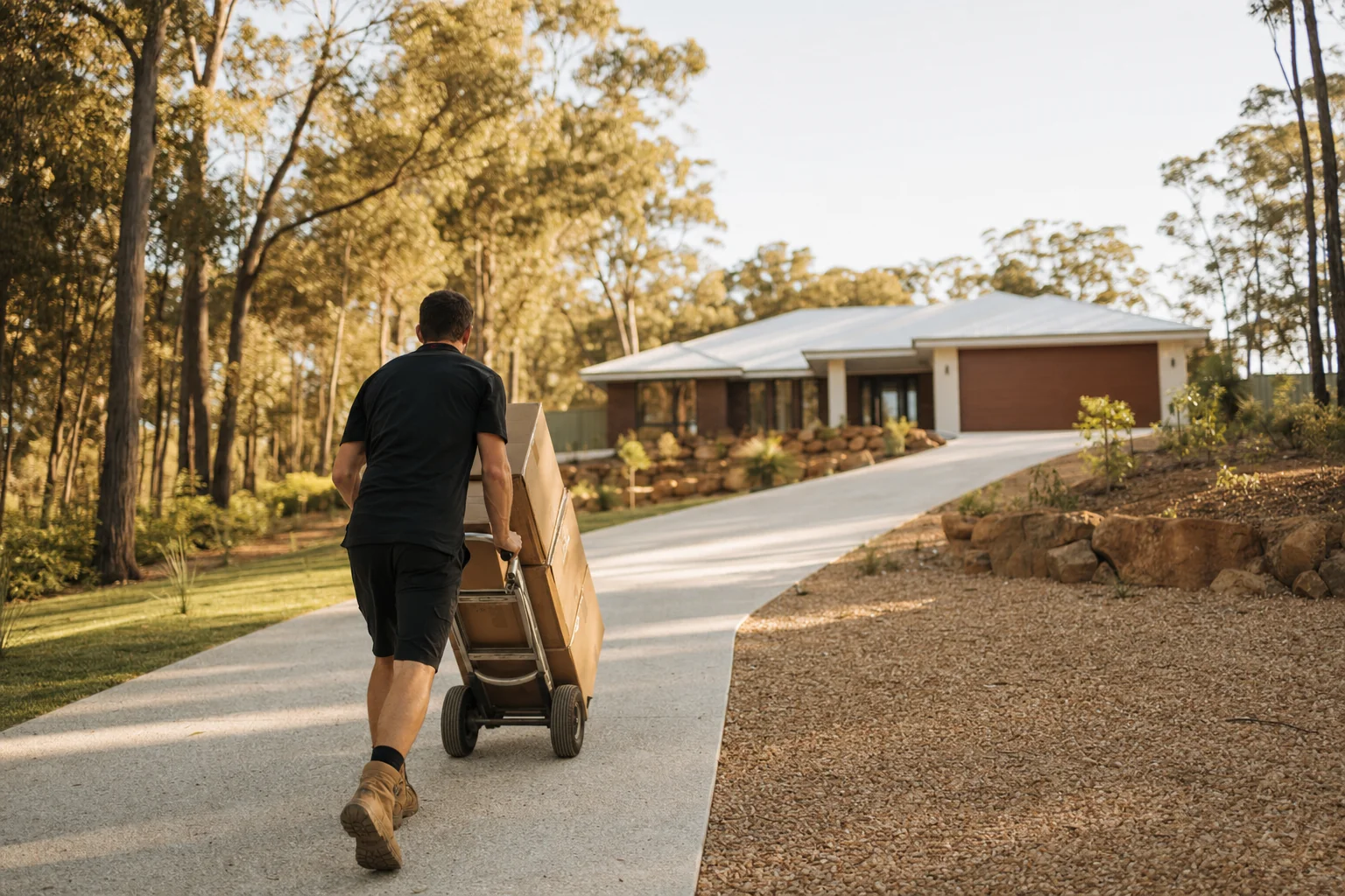 Perth removalist wheeling a trolley of moving boxes up the long driveway of a new home on a large semi-rural block in Byford