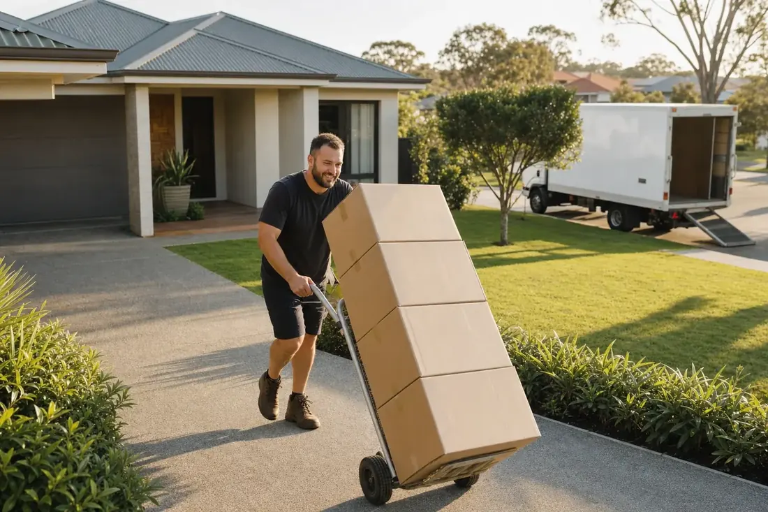 Perth removalist wheeling a trolley of plain moving boxes up the driveway of a spacious rendered family home in a Canning Vale estate