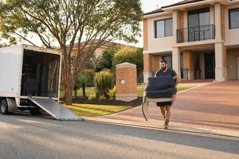 Perth removalist carrying a wrapped armchair down the driveway of a large double-storey family home on a quiet Canning Vale street with the removals truck at the kerb