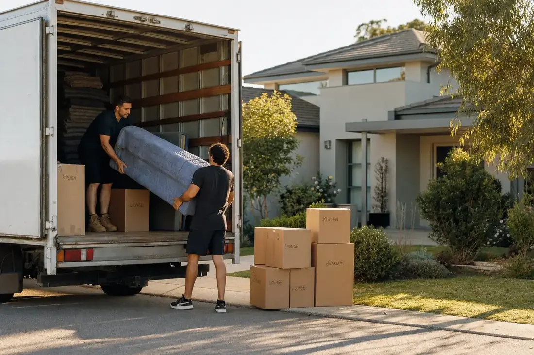 Two Perth removalists calmly loading labelled boxes and wrapped furniture into a truck outside a tidy Canning Vale family home on a bright day